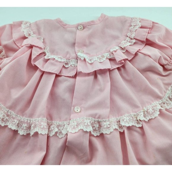 Vtg Baby Girls Pink Tiered Ruffle White Lace Trim Dress/Bloomers RN 50255 Sz 18M - Picture 8 of 16